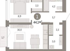 1-к квартира, вторичка, 44м2, 3/16 этаж