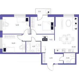 3-к квартира, строящийся дом, 84м2, 17/24 этаж
