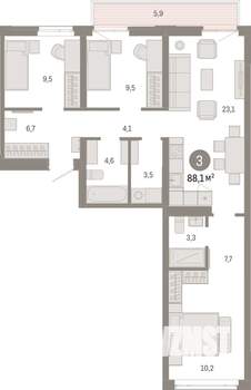 3-к квартира, вторичка, 88м2, 3/9 этаж