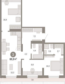 3-к квартира, вторичка, 87м2, 7/17 этаж