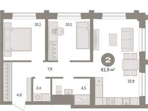 2-к квартира, вторичка, 62м2, 2/9 этаж