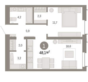1-к квартира, вторичка, 48м2, 13/16 этаж