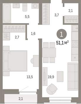 1-к квартира, вторичка, 51м2, 6/10 этаж