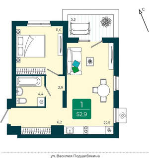 2-к квартира, вторичка, 53м2, 3/16 этаж