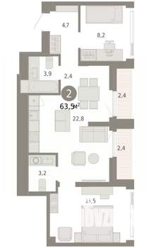 2-к квартира, вторичка, 63м2, 23/25 этаж