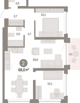 2-к квартира, вторичка, 68м2, 5/8 этаж