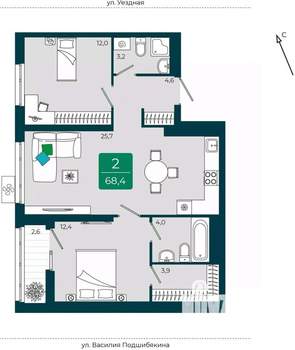 2-к квартира, вторичка, 68м2, 9/16 этаж