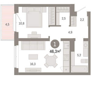 1-к квартира, вторичка, 46м2, 3/11 этаж