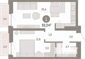 1-к квартира, вторичка, 52м2, 2/16 этаж