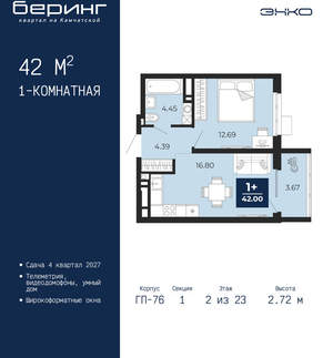 1-к квартира, вторичка, 42м2, 2/24 этаж