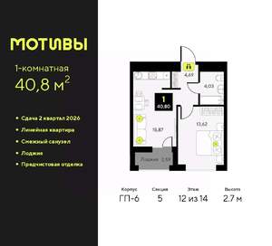 1-к квартира, вторичка, 41м2, 12/14 этаж