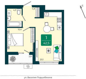 1-к квартира, вторичка, 43м2, 8/16 этаж