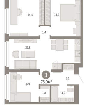 3-к квартира, вторичка, 75м2, 2/16 этаж