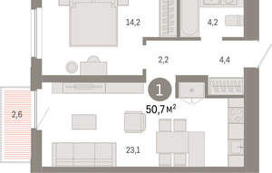 1-к квартира, вторичка, 51м2, 14/16 этаж