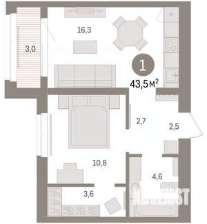 1-к квартира, вторичка, 43м2, 4/16 этаж