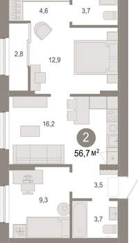 2-к квартира, вторичка, 57м2, 9/17 этаж