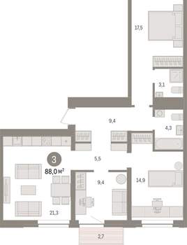 3-к квартира, вторичка, 88м2, 9/10 этаж