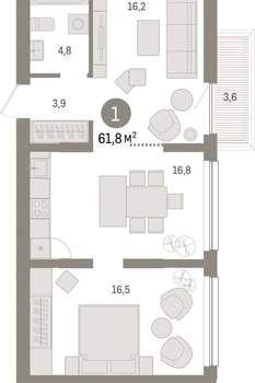 1-к квартира, вторичка, 62м2, 5/9 этаж