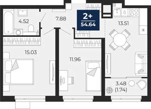 2-к квартира, вторичка, 55м2, 14/21 этаж