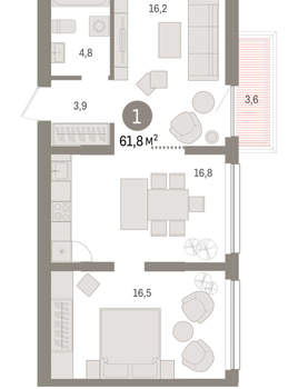 1-к квартира, вторичка, 62м2, 5/9 этаж