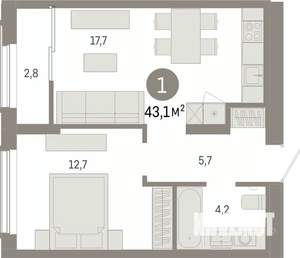 1-к квартира, вторичка, 43м2, 15/17 этаж