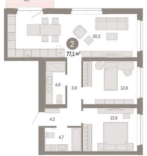 2-к квартира, вторичка, 77м2, 6/11 этаж
