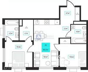 2-к квартира, вторичка, 61м2, 9/23 этаж