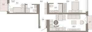 2-к квартира, вторичка, 73м2, 3/16 этаж