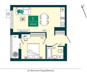 1-к квартира, вторичка, 44м2, 2/17 этаж