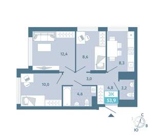 2-к квартира, строящийся дом, 54м2, 3/25 этаж