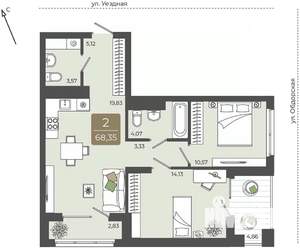 2-к квартира, вторичка, 68м2, 3/15 этаж