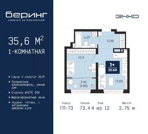 1-к квартира, вторичка, 36м2, 4/12 этаж
