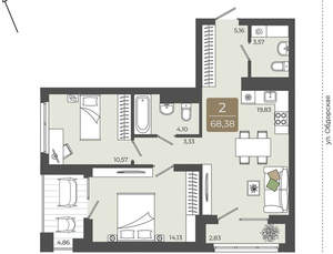 2-к квартира, вторичка, 68м2, 7/15 этаж