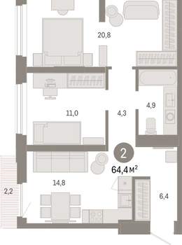 2-к квартира, вторичка, 64м2, 9/25 этаж
