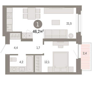 1-к квартира, вторичка, 46м2, 6/16 этаж