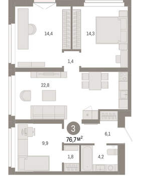 3-к квартира, вторичка, 77м2, 3/16 этаж
