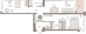 2-к квартира, вторичка, 82м2, 3/16 этаж