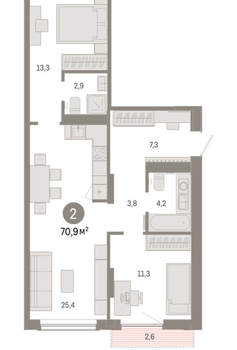 2-к квартира, вторичка, 71м2, 3/17 этаж