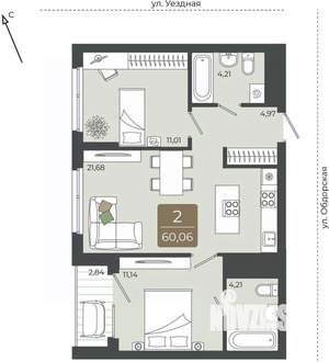 2-к квартира, вторичка, 60м2, 15/15 этаж