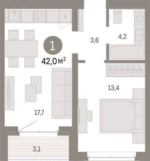 1-к квартира, вторичка, 42м2, 4/11 этаж