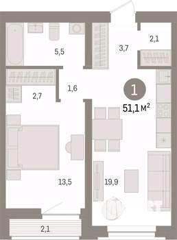 1-к квартира, вторичка, 51м2, 4/7 этаж