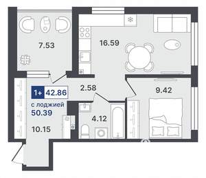 1-к квартира, строящийся дом, 43м2, 2/8 этаж