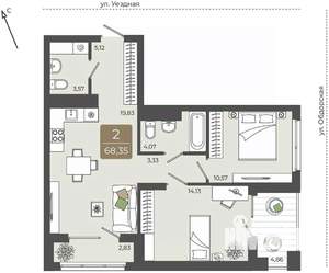 2-к квартира, вторичка, 68м2, 4/15 этаж