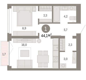 1-к квартира, вторичка, 44м2, 5/16 этаж