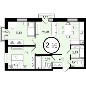 2-к квартира, вторичка, 64м2, 2/4 этаж