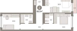 2-к квартира, вторичка, 63м2, 5/8 этаж