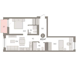 2-к квартира, вторичка, 68м2, 7/10 этаж