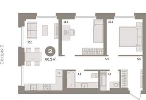 2-к квартира, вторичка, 60м2, 3/9 этаж