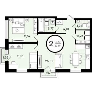 2-к квартира, строящийся дом, 64м2, 2/4 этаж