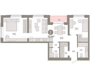 2-к квартира, вторичка, 71м2, 4/11 этаж